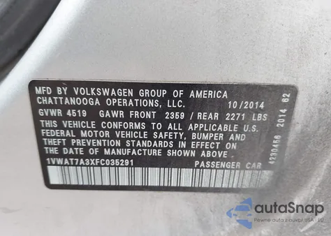 2015 Volkswagen Passat 1.8T Wolfsburg Edition из США, поврежденный, VIN 1VWAT7A3XFC035291